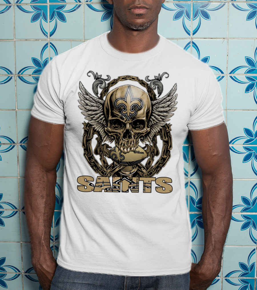 Saints Skullfb Winged Skull With Fleur-de-lis And Chains T-Shirt