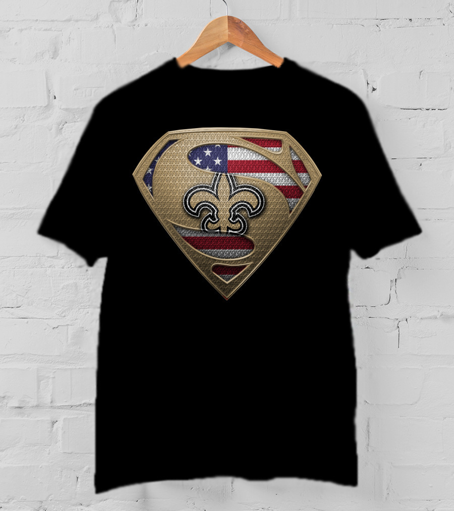 New Orleans Saints Fleur-De-Lis Superhero Shield With American Flag T-Shirt
