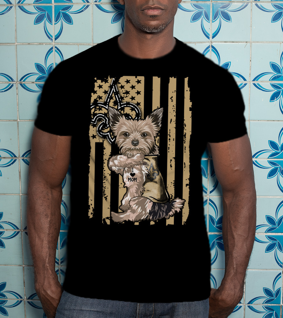 Yorkshire Terrier I Love Mom New Orleans Saints Fleur-de-Lis Stripes T-Shirt
