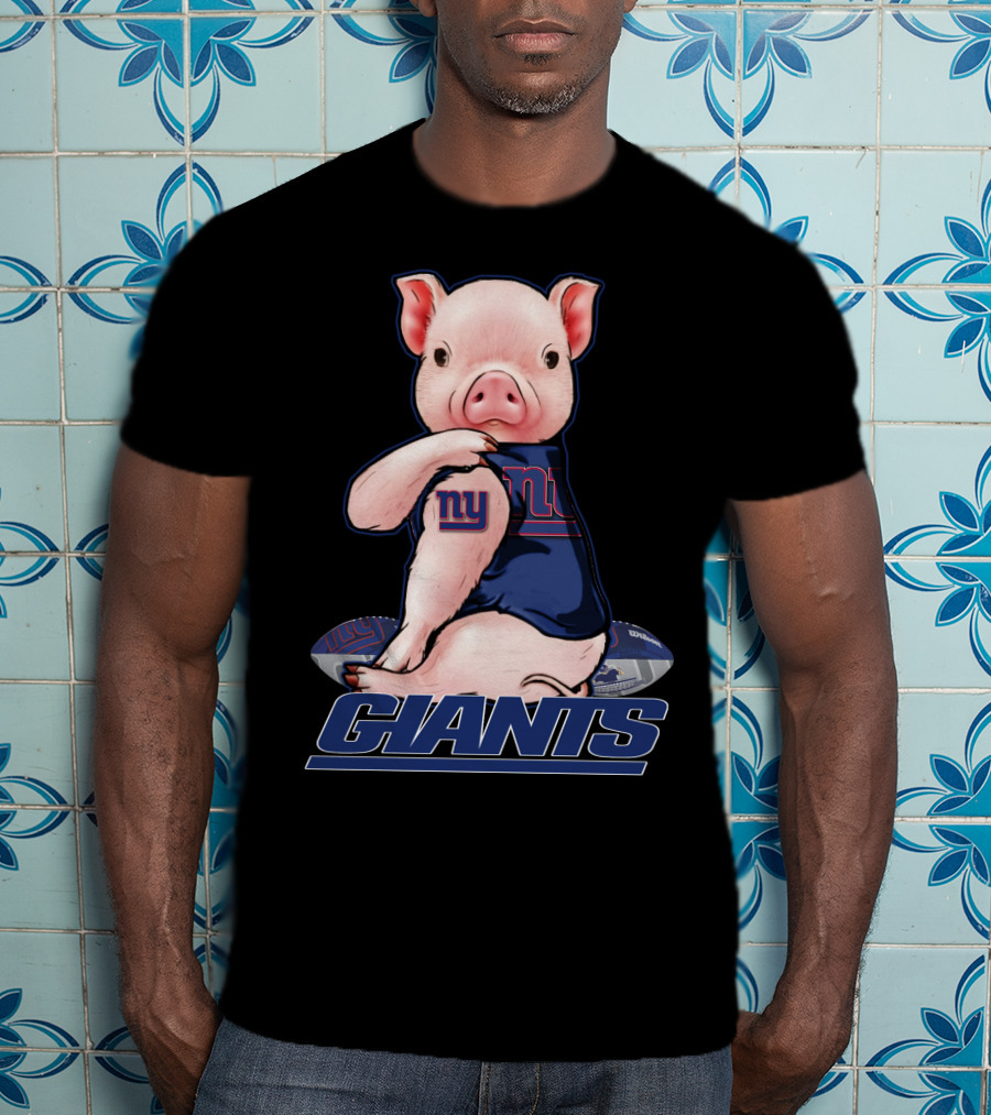 Pig Wearing New York Giants Jersey Sitting On Football Giants T-Shirt