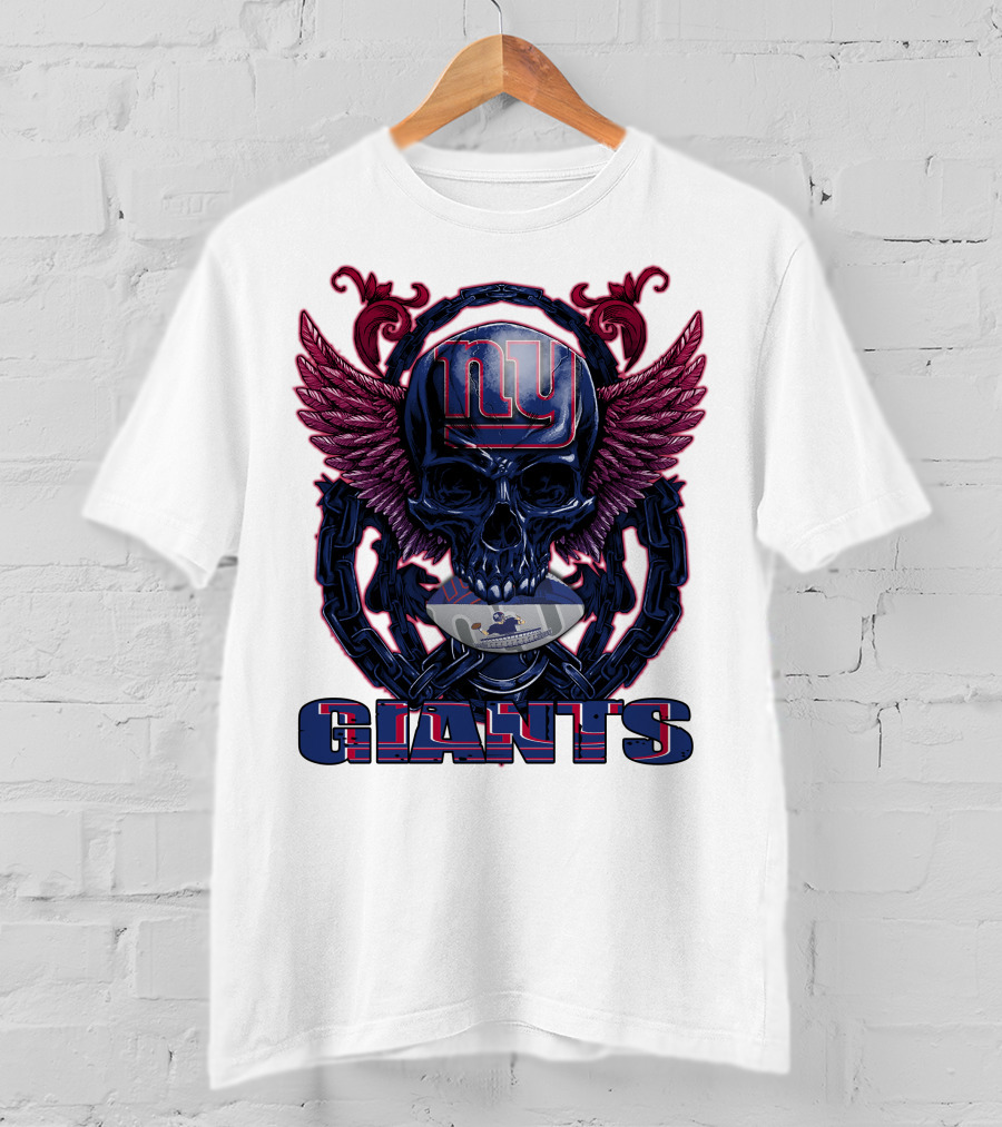 Skullfb New York Giants Winged Skull Design With Football Helmet And Chains T-Shirt