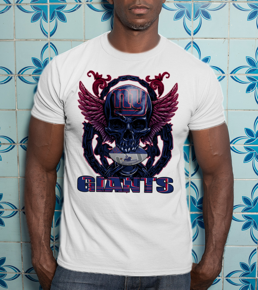 Skullfb New York Giants Winged Skull Design With Football Helmet And Chains T-Shirt