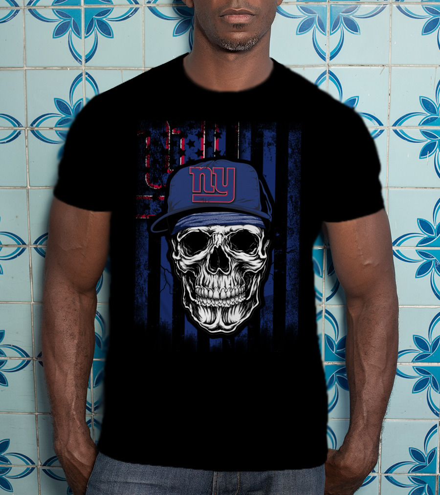 Skull V1 New York Giants Blue Cap Stripe T-Shirt