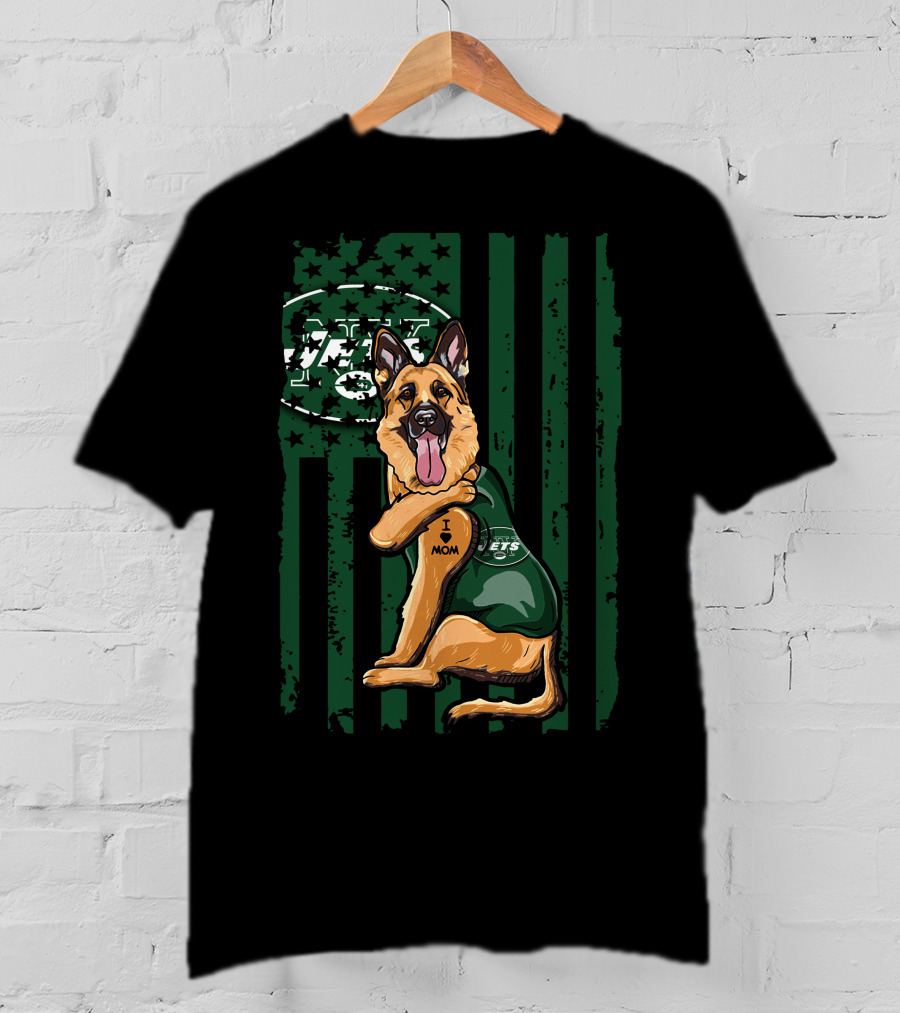 German Shepherd I Love Mom New York Jets Fan USA Flag T-Shirt