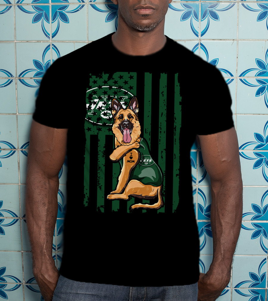 German Shepherd I Love Mom New York Jets Fan USA Flag T-Shirt