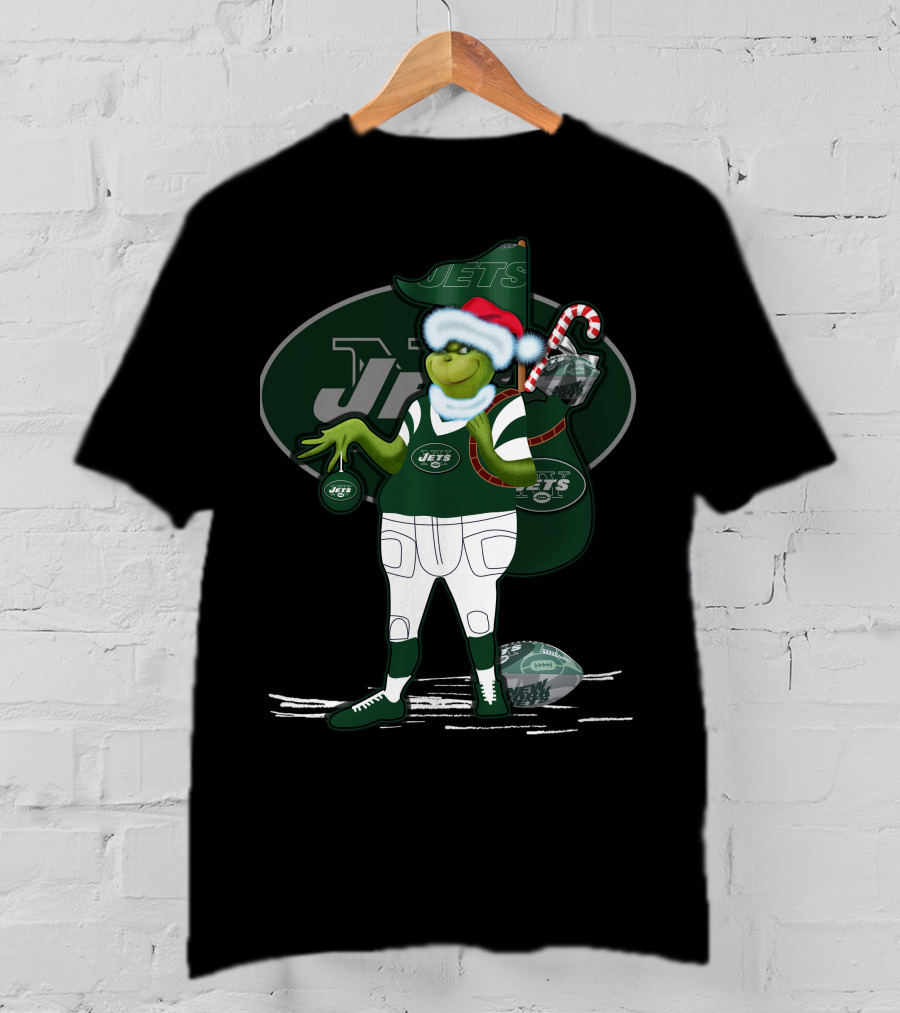 Grinch Christmas New York Jets Football Santa Hat And Sack With Candy Cane T-Shirt