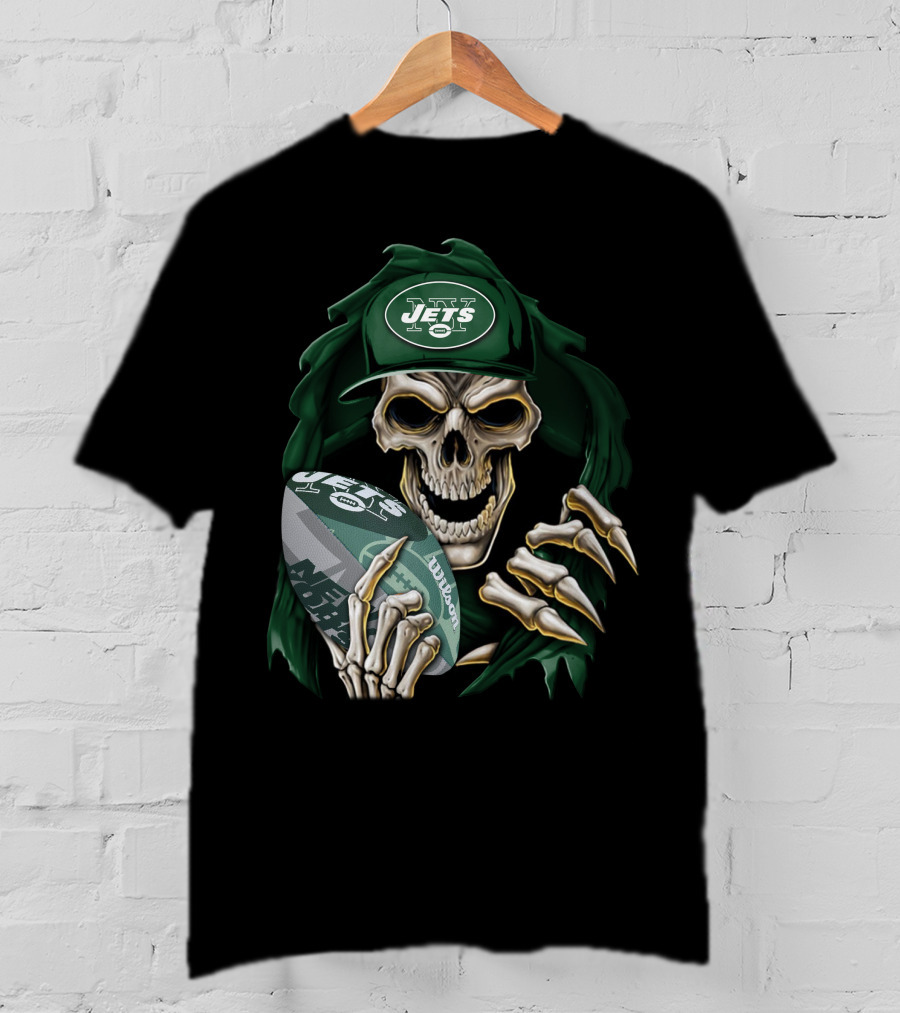 New York Jets Skullbong Skeleton Holding Football T-Shirt