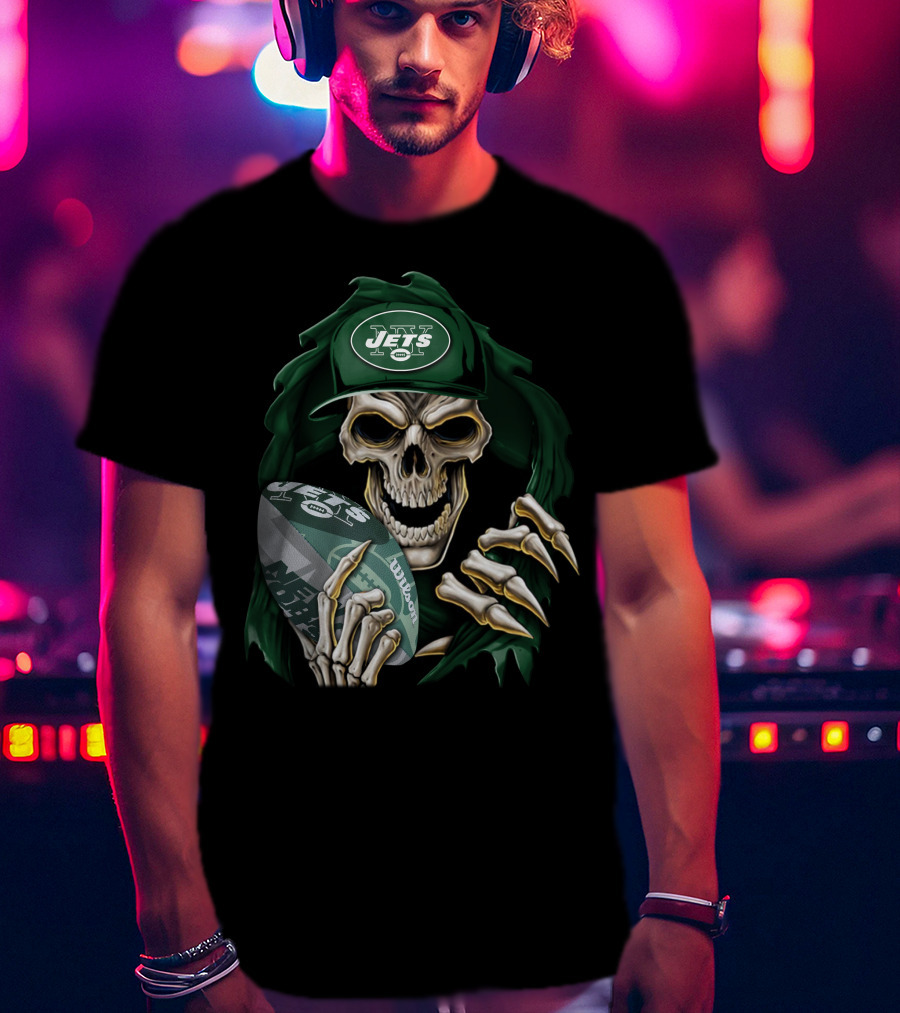 New York Jets Skullbong Skeleton Holding Football T-Shirt