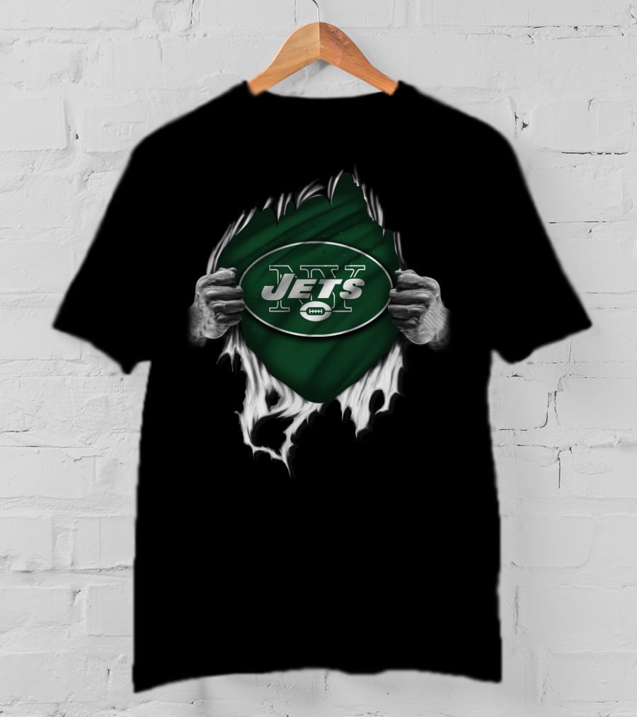 Torn V1 New York Jets Logo With Green Background And Ripping Hands T-Shirt