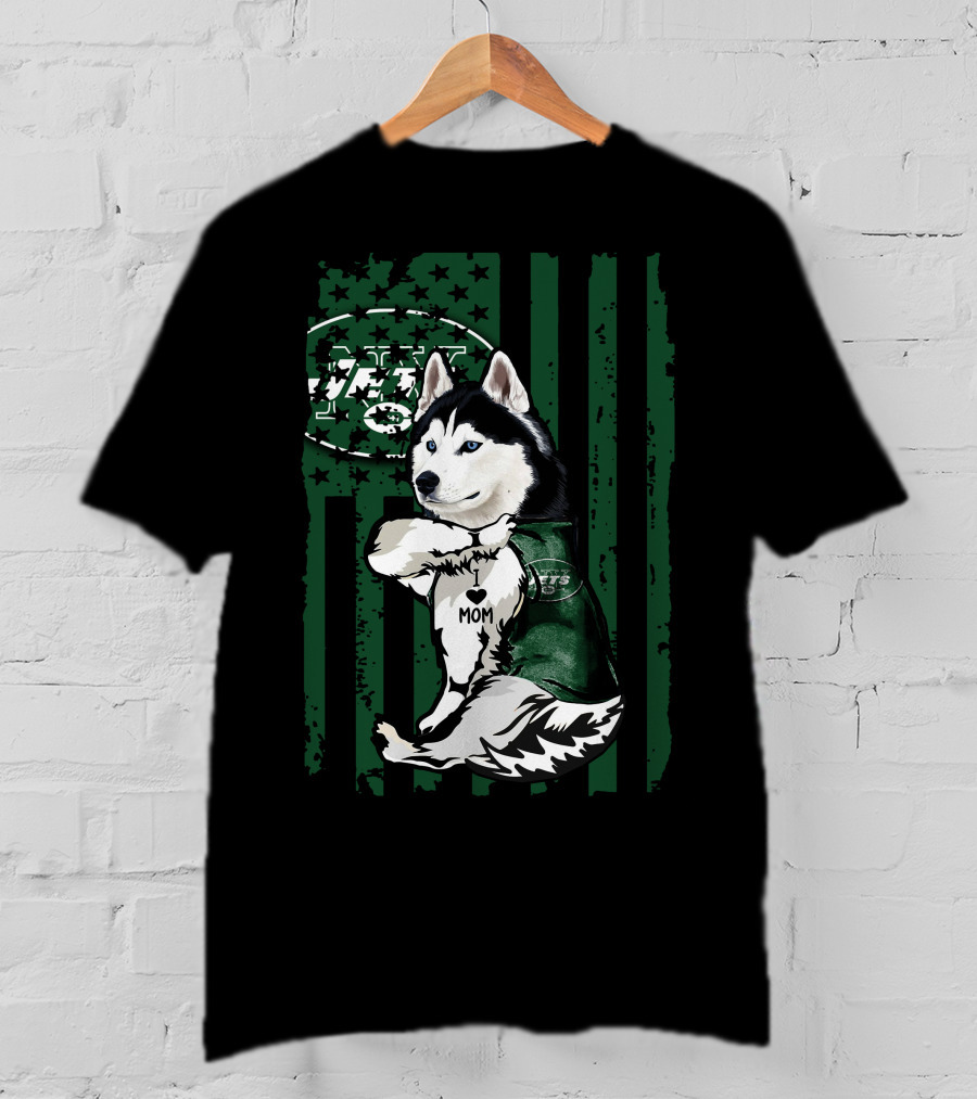 Siberian Husky I Love Mom New York Jets Fan Flag T-Shirt