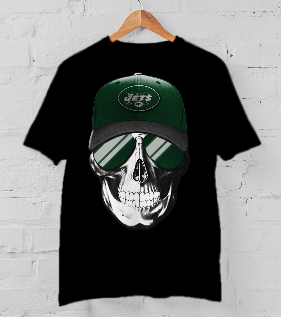 Skull V7 New York Jets Hat And Sunglasses T-Shirt