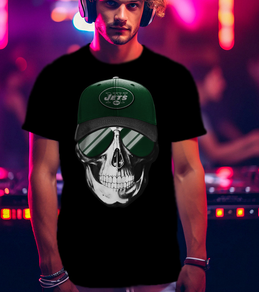 Skull V7 New York Jets Hat And Sunglasses T-Shirt