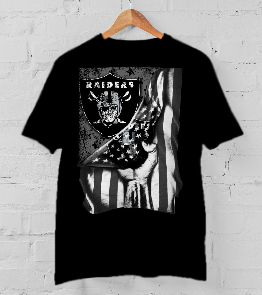 Raiders Shield With American Flag And Hand Holding Stars Grayscale T-Shirt