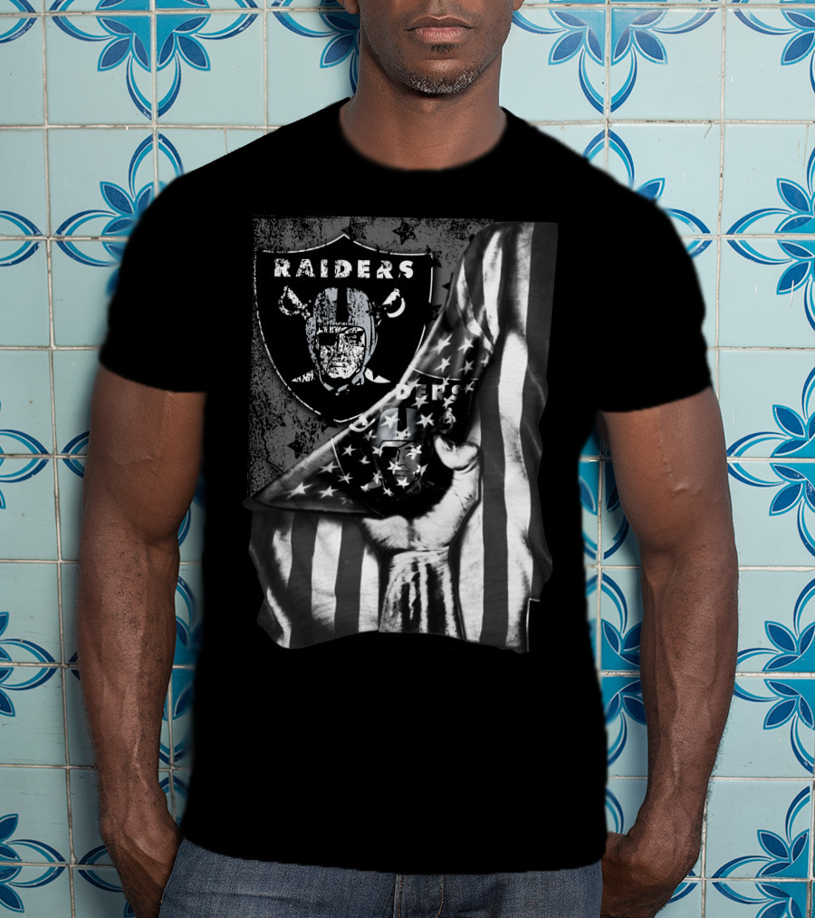 Raiders Shield With American Flag And Hand Holding Stars Grayscale T-Shirt
