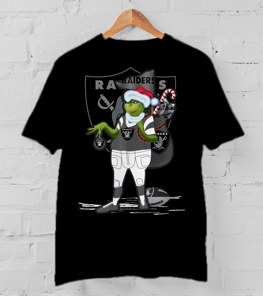 Grinchxmas Raiders Santa Hat Candy Cane Football T-Shirt