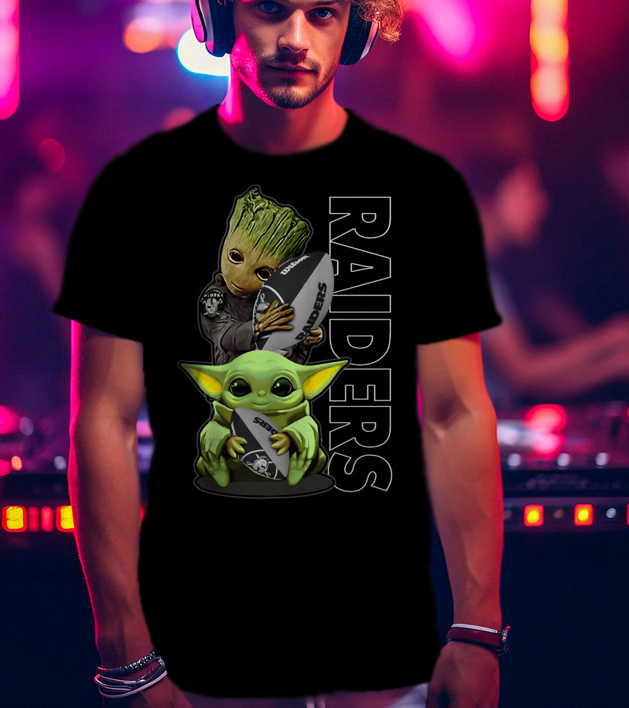 Grzd Oakland Raiders Groot Baby Yoda Football T-Shirt