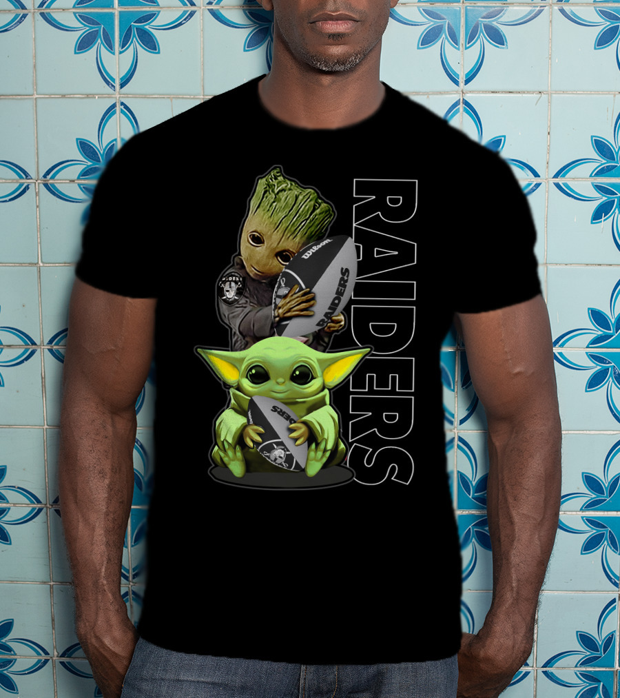 Grzd Oakland Raiders Groot Baby Yoda Football T-Shirt
