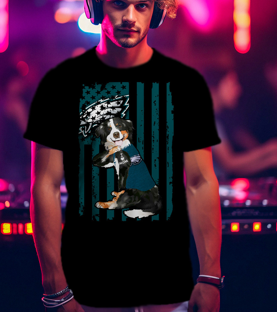 Border Collie I Love Mom Philadelphia Eagles Football Fan T-Shirt