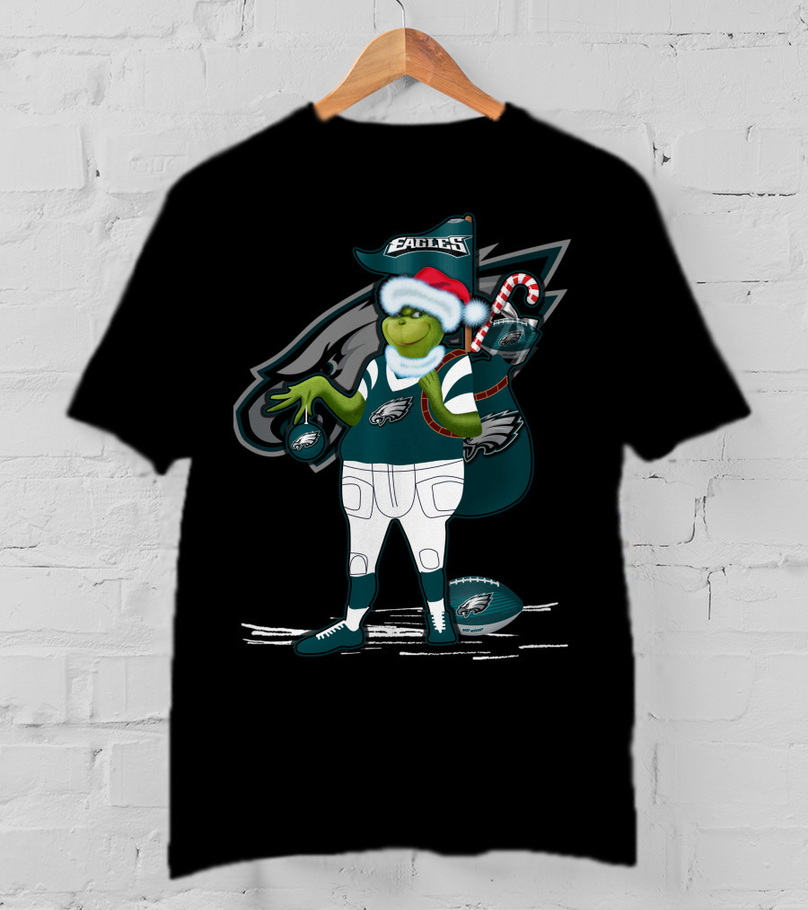 Grinchxmas Philadelphia Eagles Santa Hat Football T-Shirt