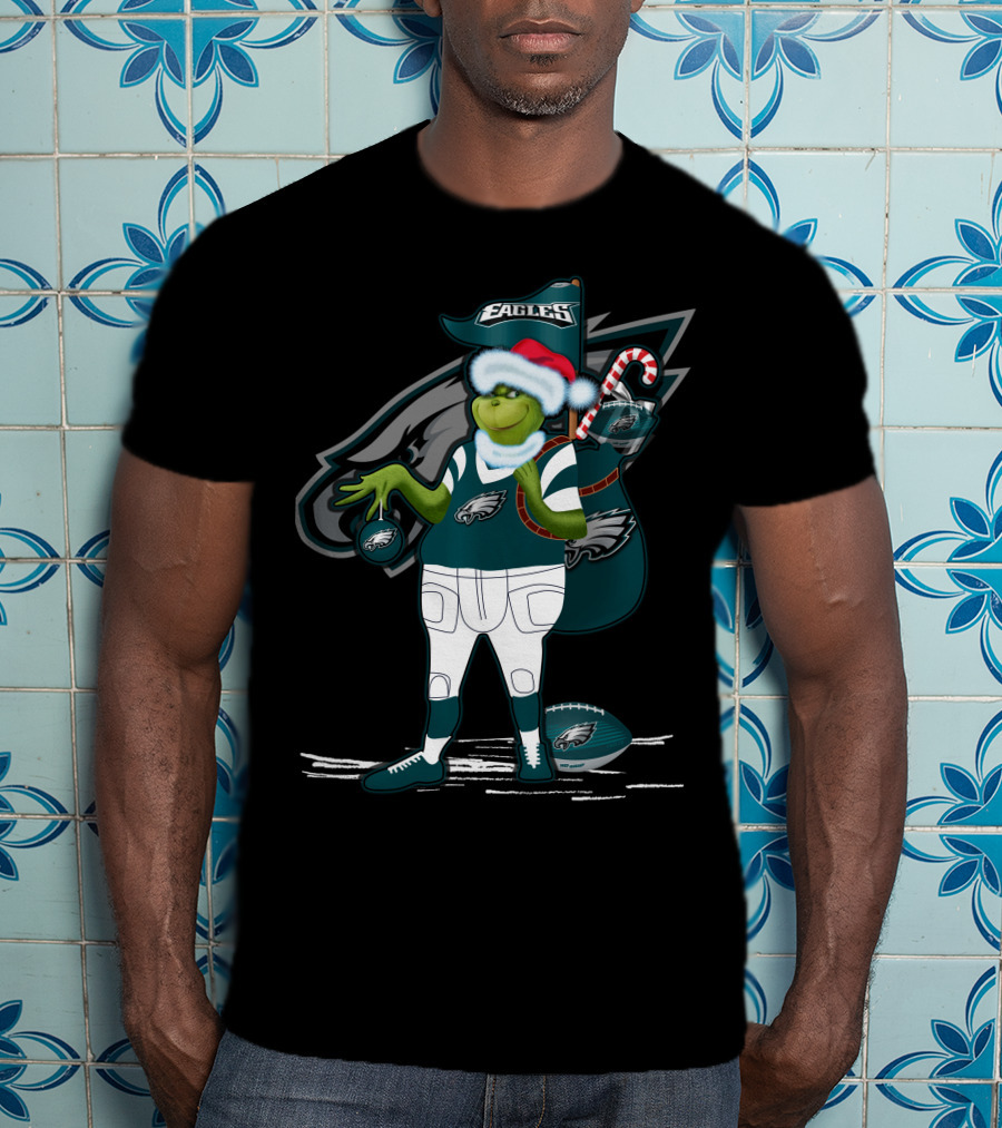 Grinchxmas Philadelphia Eagles Santa Hat Football T-Shirt