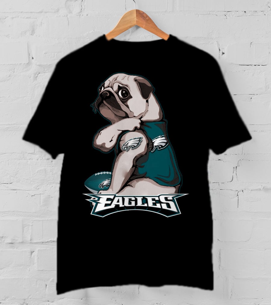 Pug Wearing Eagles Jersey With Football And Eagles Text T-Shirt