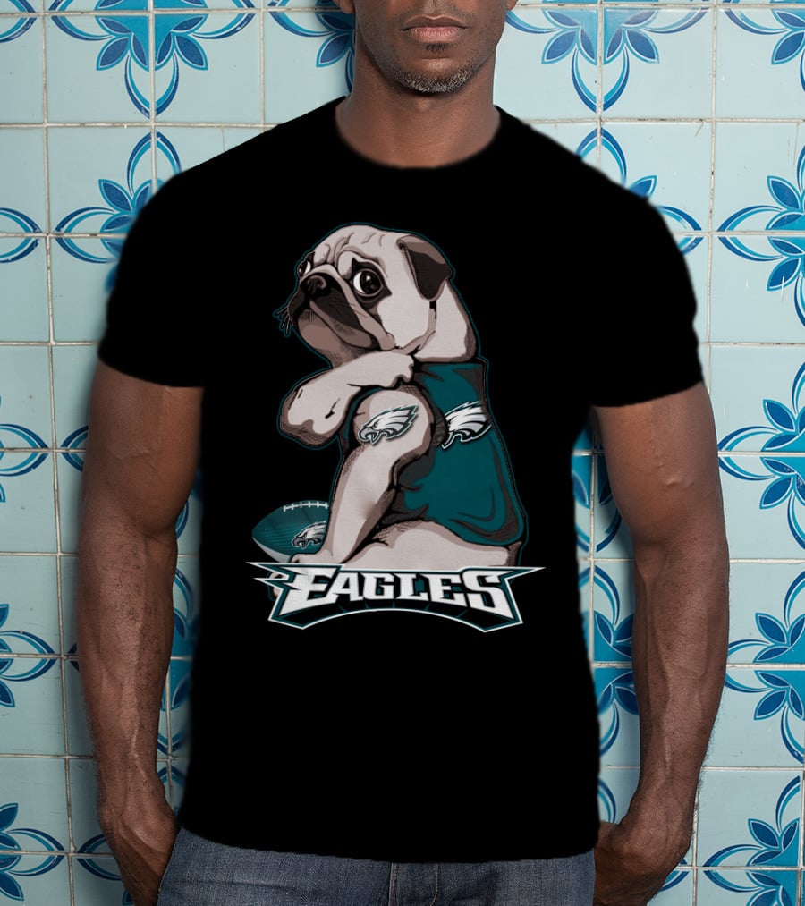 Pug Wearing Eagles Jersey With Football And Eagles Text T-Shirt