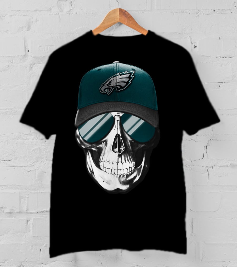 Skull Wearing Philadelphia Eagles Logo Hat And Sunglasses T-Shirt