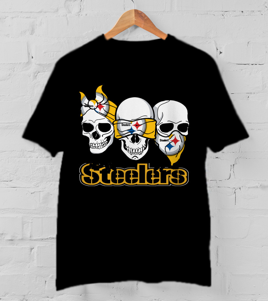 Steelers Skull Trio With Team Logo Bandanas T-Shirt