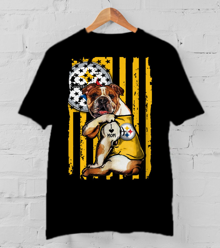 Pittsburgh Steelers Bulldog I Love Mom Stripes T-Shirt
