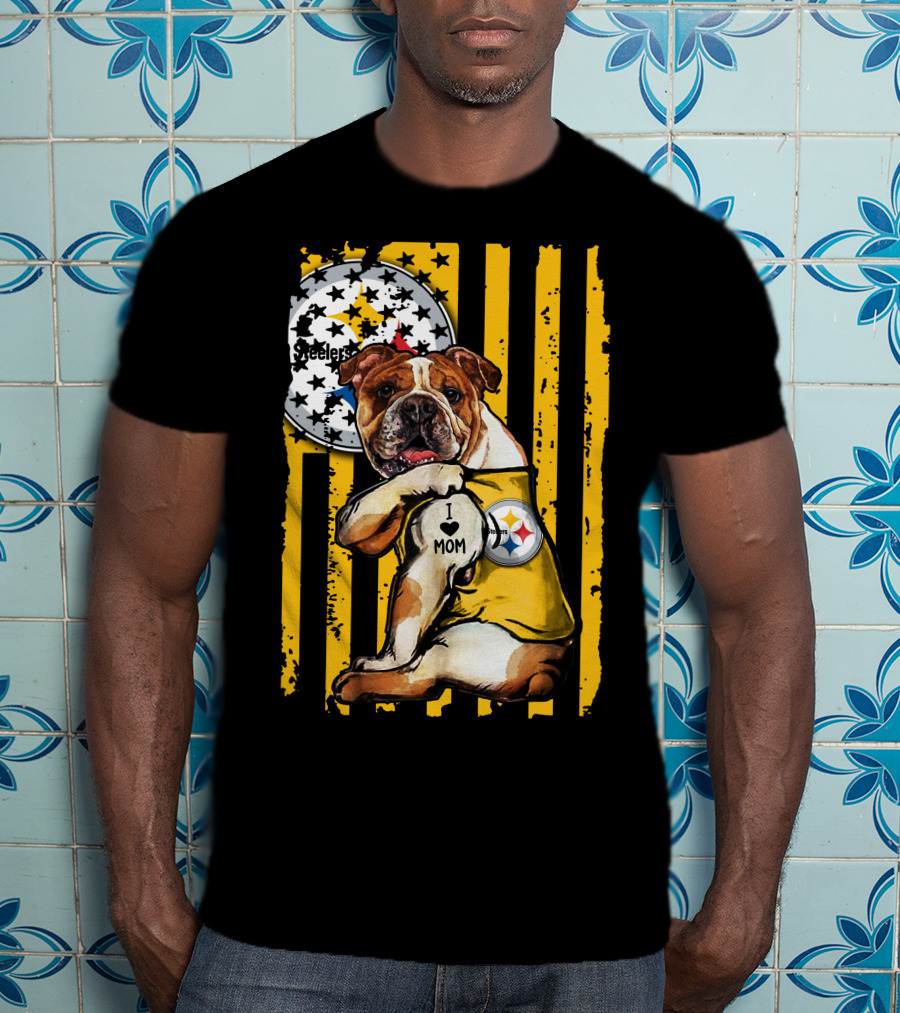 Pittsburgh Steelers Bulldog I Love Mom Stripes T-Shirt