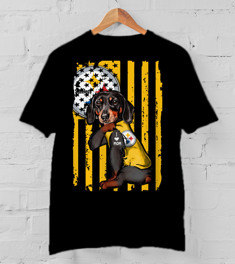 Dachshund Steelers I Love Mom Black And Yellow Football Fan T-Shirt