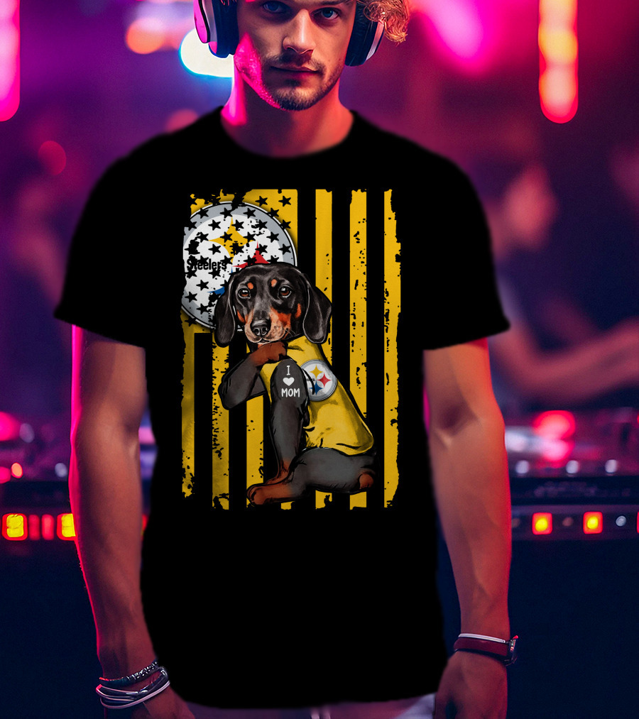 Dachshund Steelers I Love Mom Black And Yellow Football Fan T-Shirt