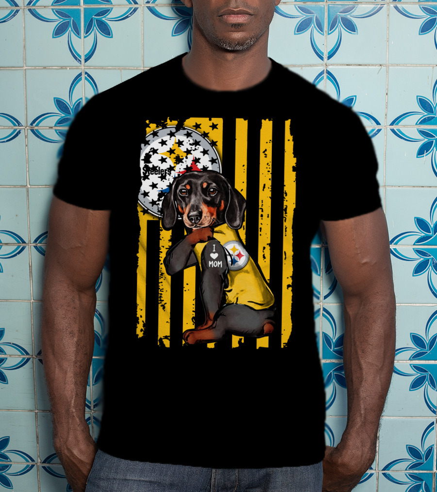 Dachshund Steelers I Love Mom Black And Yellow Football Fan T-Shirt