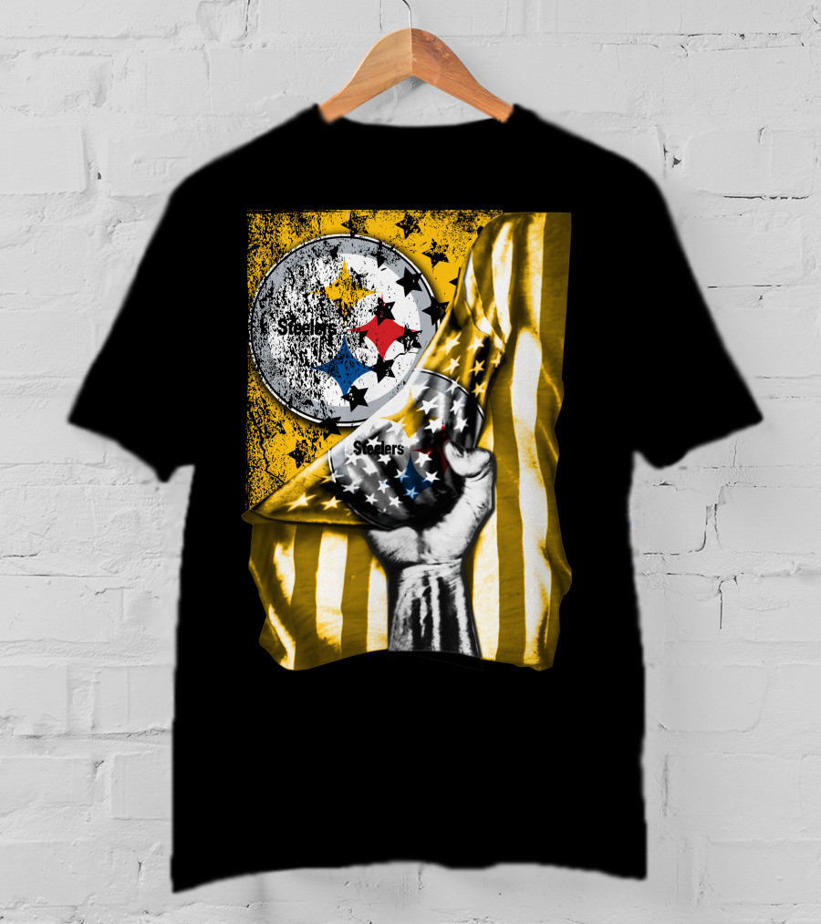 Steelers Logo Hand Yellow And Black Stripes Flag Pittsburgh Steelers T-Shirt