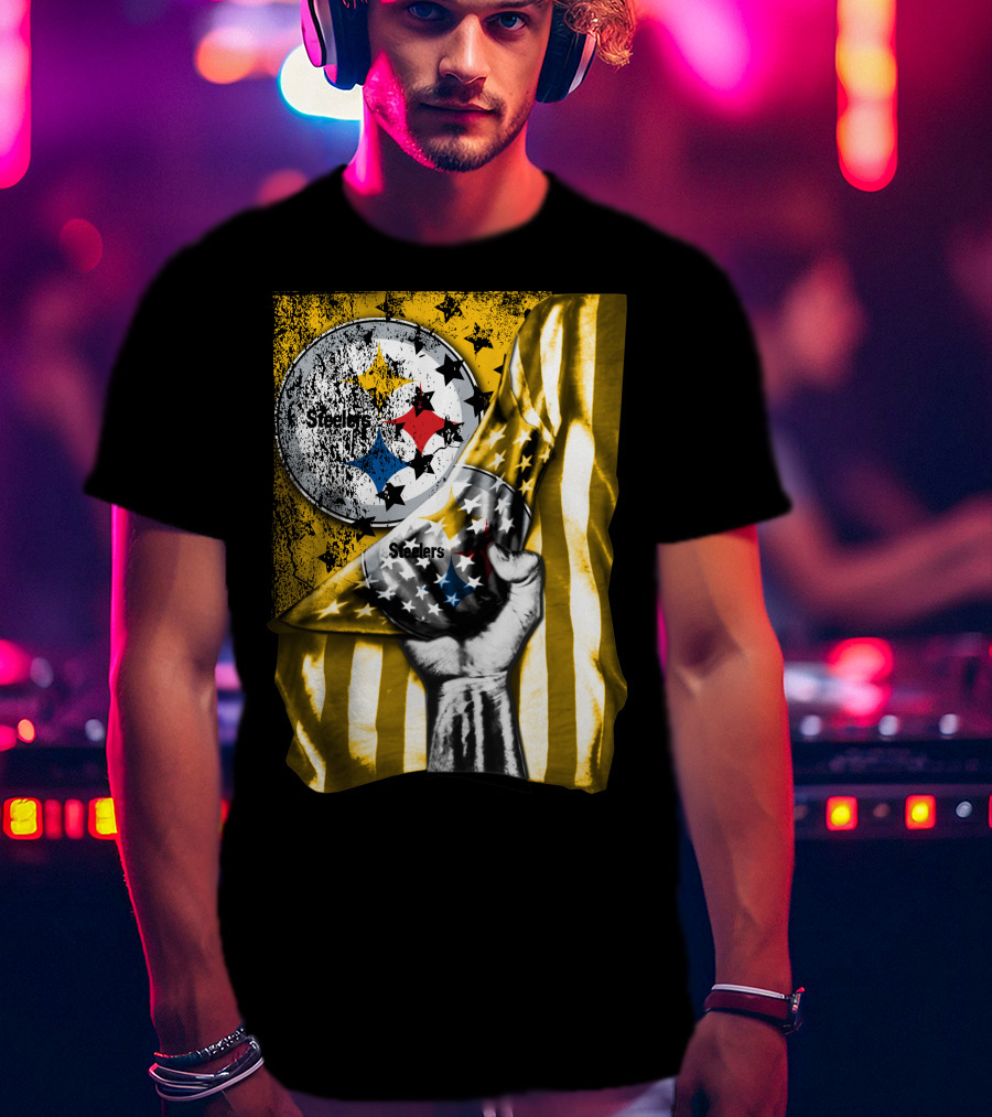 Steelers Logo Hand Yellow And Black Stripes Flag Pittsburgh Steelers T-Shirt