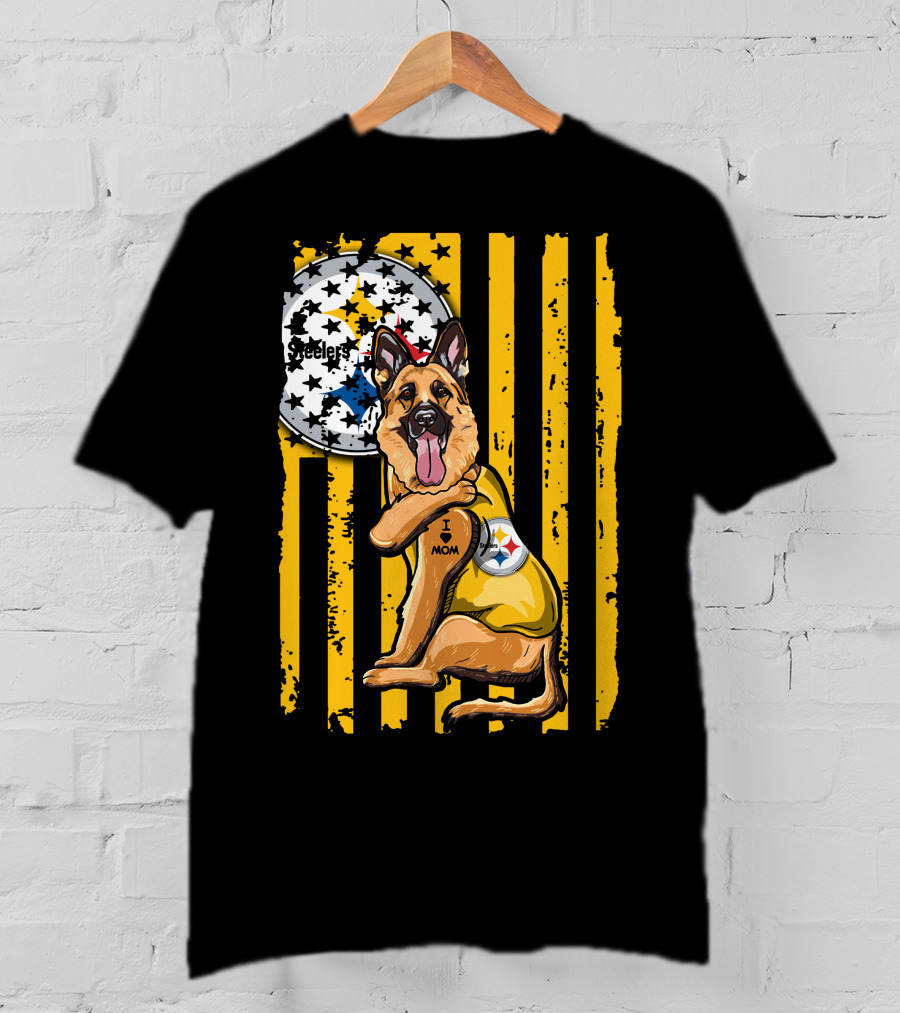 German Shepherd Steelers Fan With I Love Mom Tattoo And Team T-Shirt