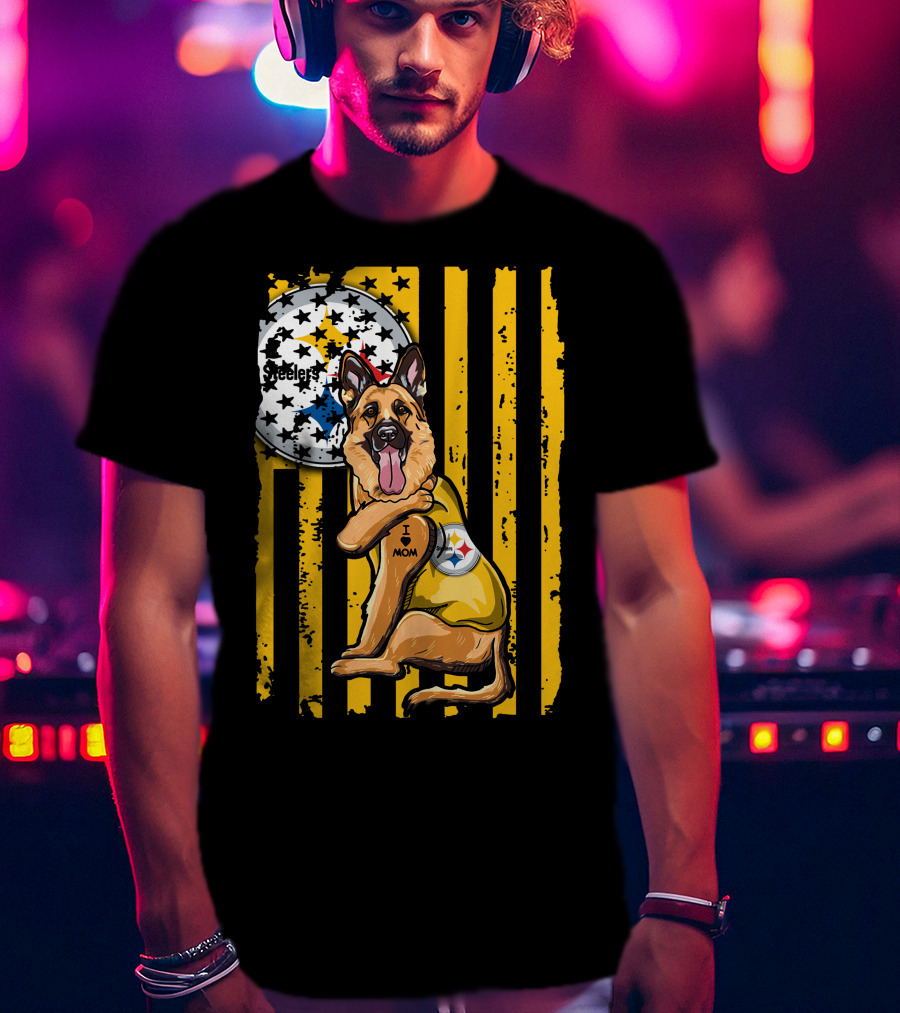 German Shepherd Steelers Fan With I Love Mom Tattoo And Team T-Shirt