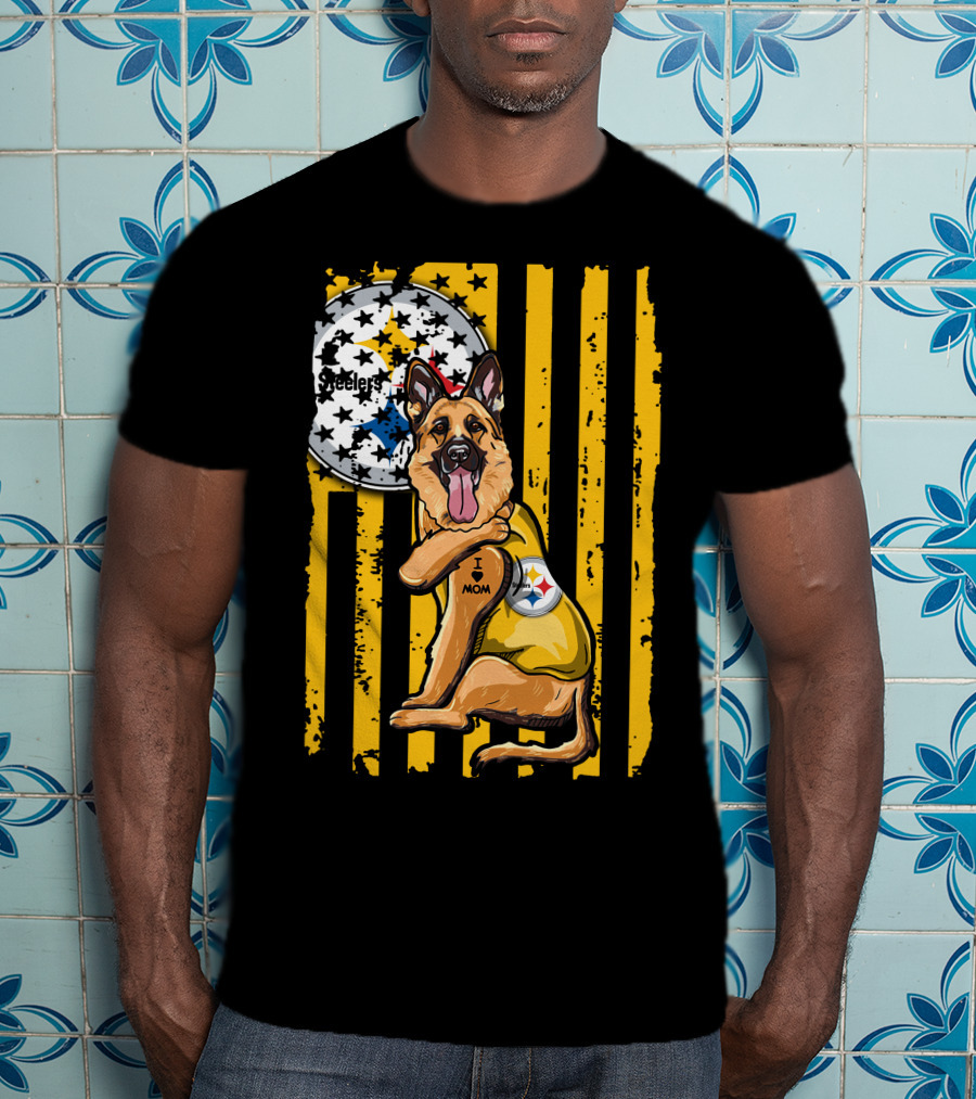 German Shepherd Steelers Fan With I Love Mom Tattoo And Team T-Shirt