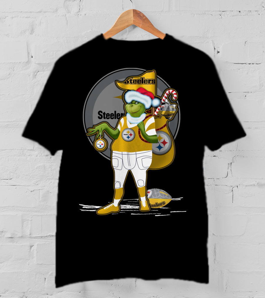 Grinchxmas Pittsburgh Steelers Santa Hat Candy Cane Football Holiday T-Shirt