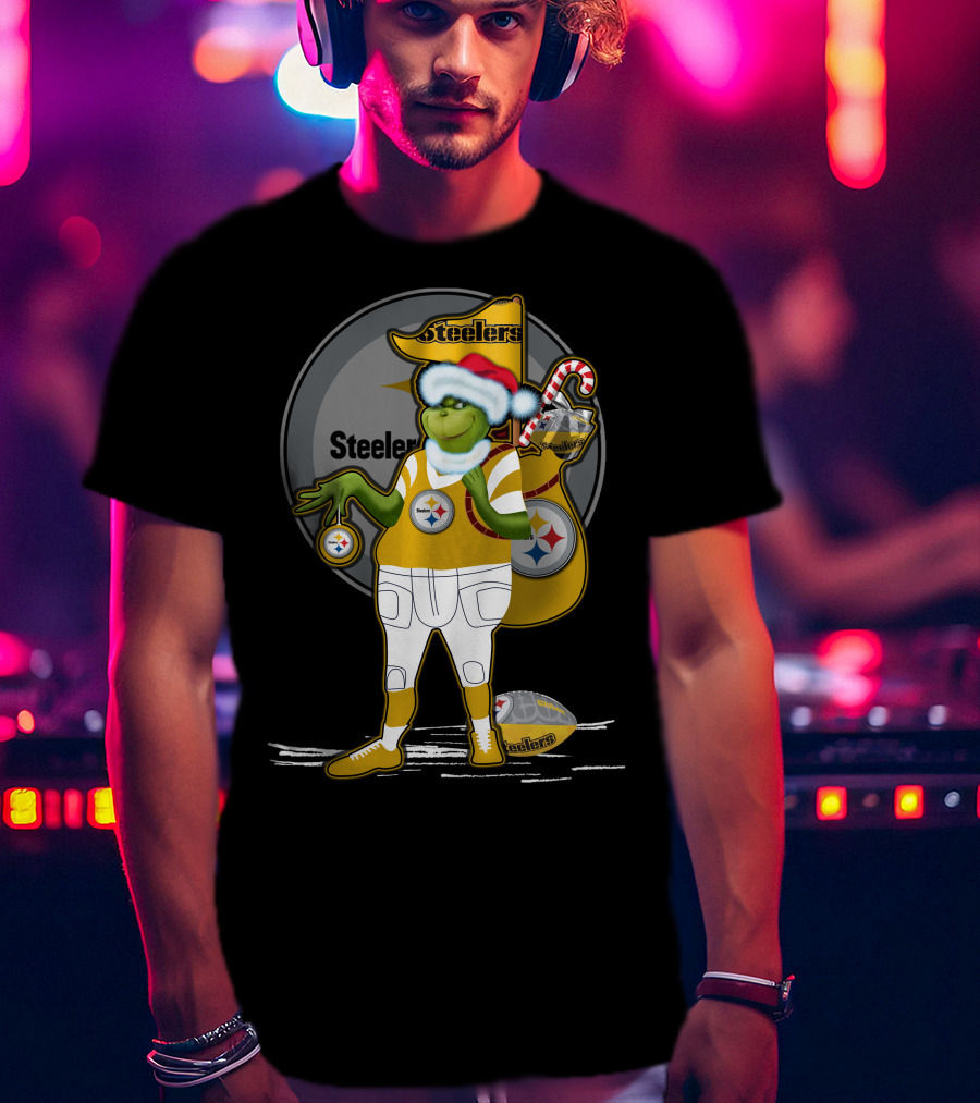 Grinchxmas Pittsburgh Steelers Santa Hat Candy Cane Football Holiday T-Shirt
