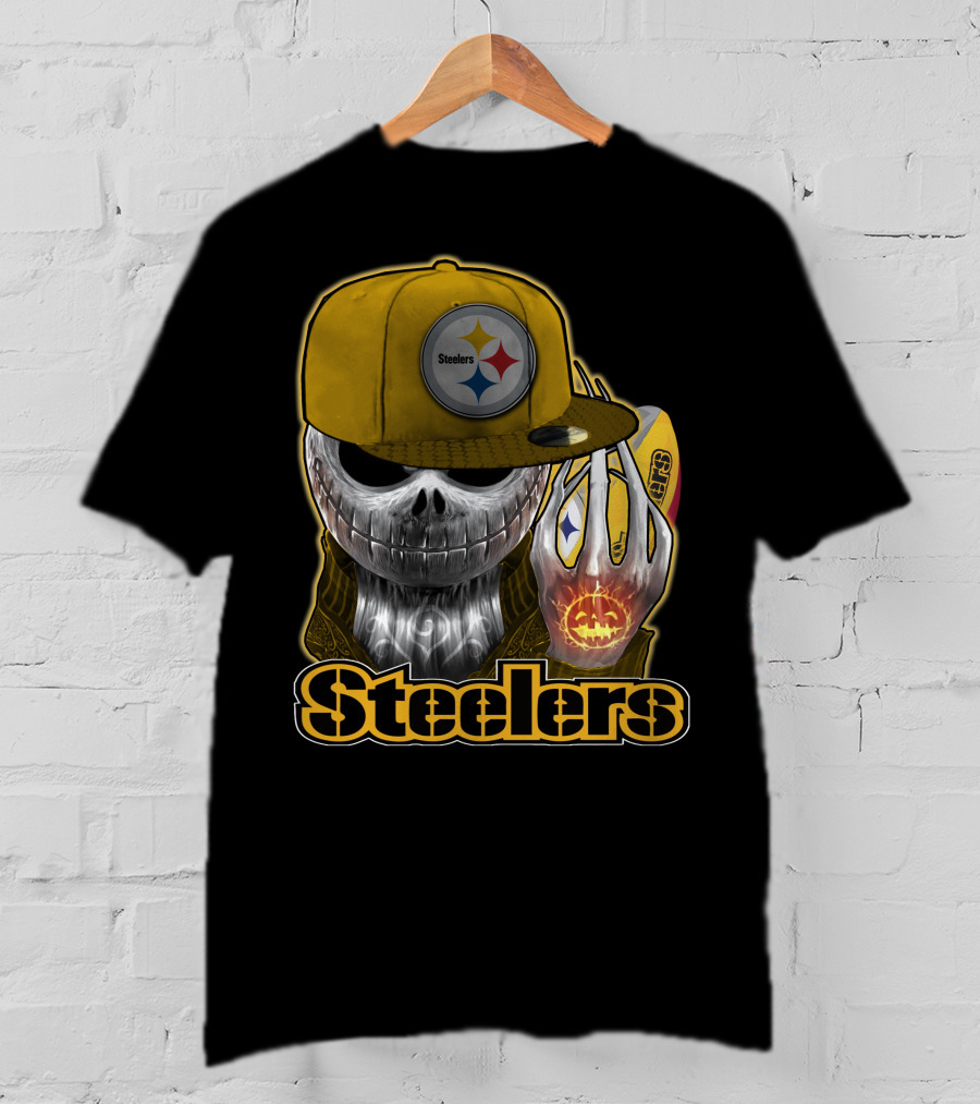 Steelers Skull With Yellow Cap And Pumpkin Hand T-Shirt