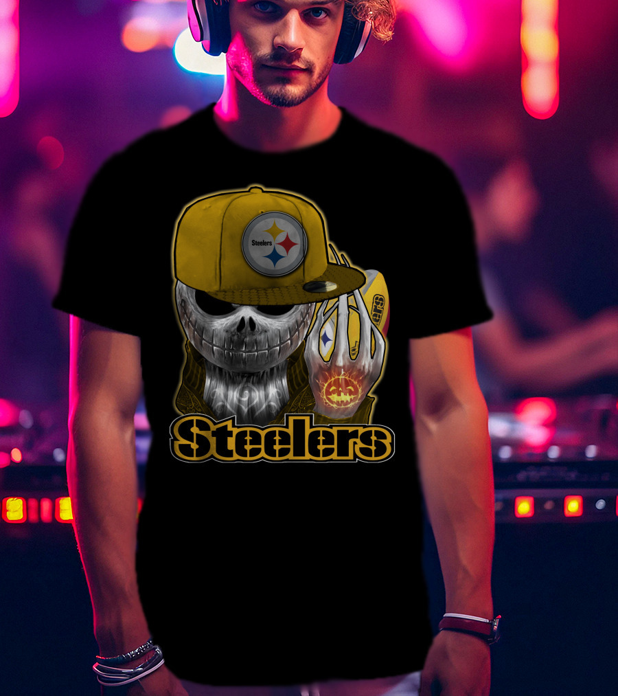 Steelers Skull With Yellow Cap And Pumpkin Hand T-Shirt