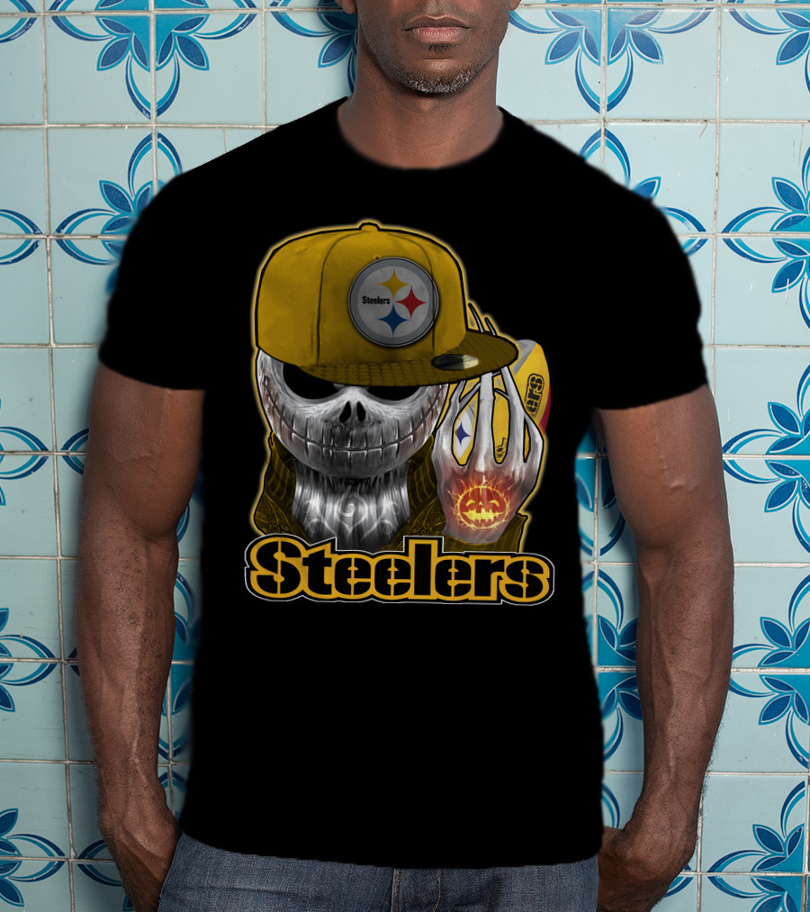 Steelers Skull With Yellow Cap And Pumpkin Hand T-Shirt