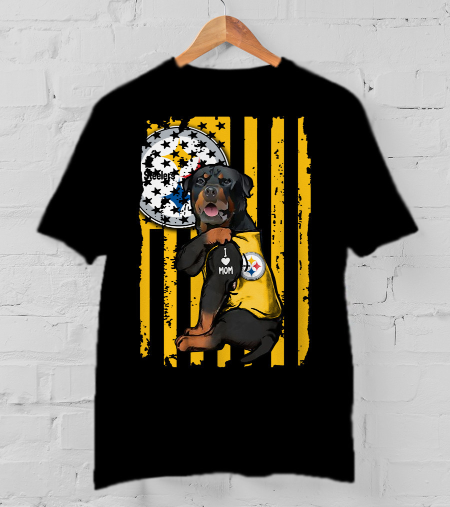 Rottweiler I Love Mom Pittsburgh Steelers Fan Stripes T-Shirt