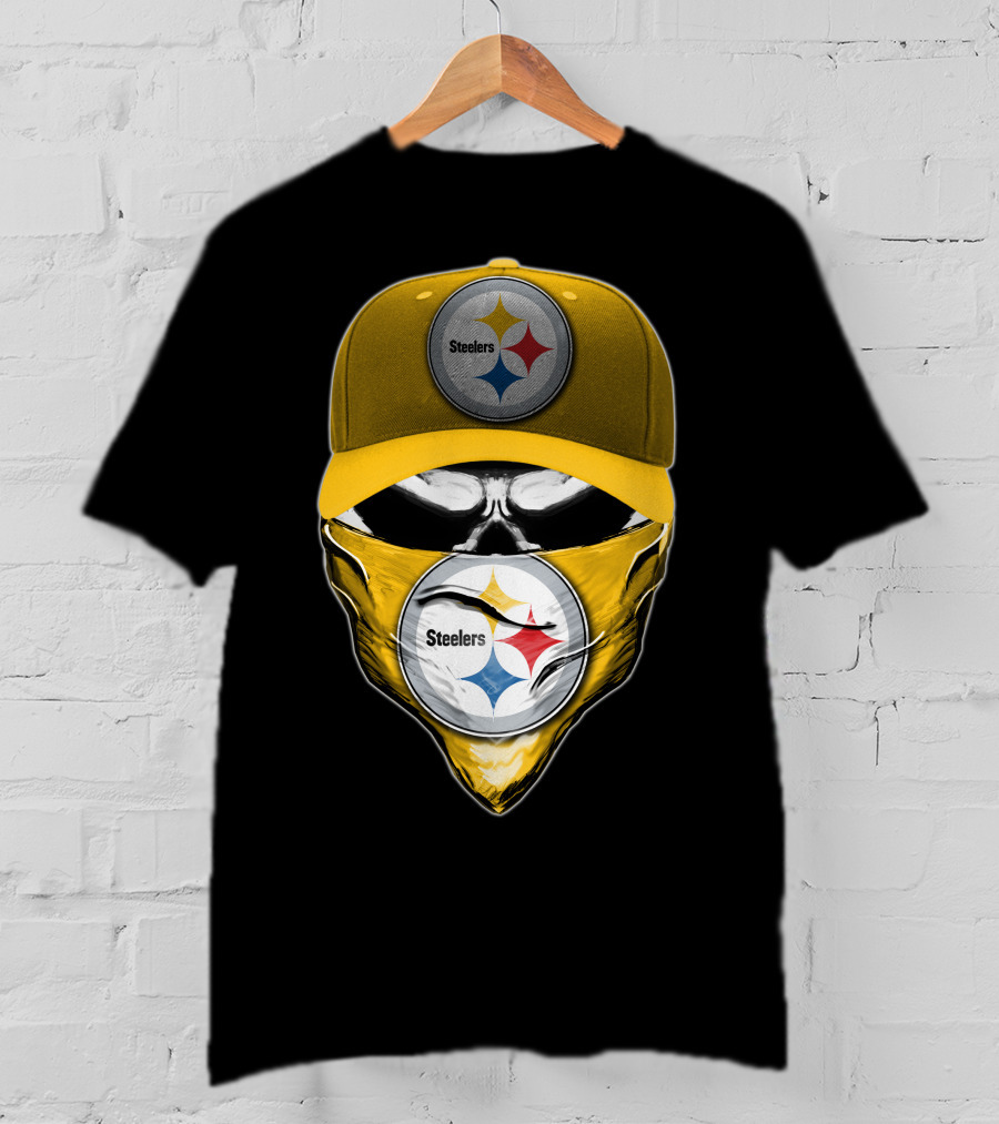 Skull V6 Pittsburgh Steelers Logo With Hat And Bandana T-Shirt