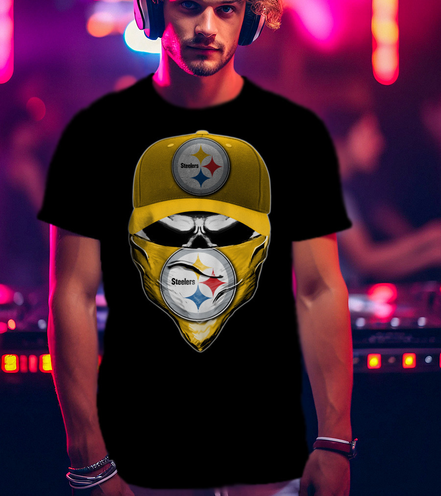 Skull V6 Pittsburgh Steelers Logo With Hat And Bandana T-Shirt