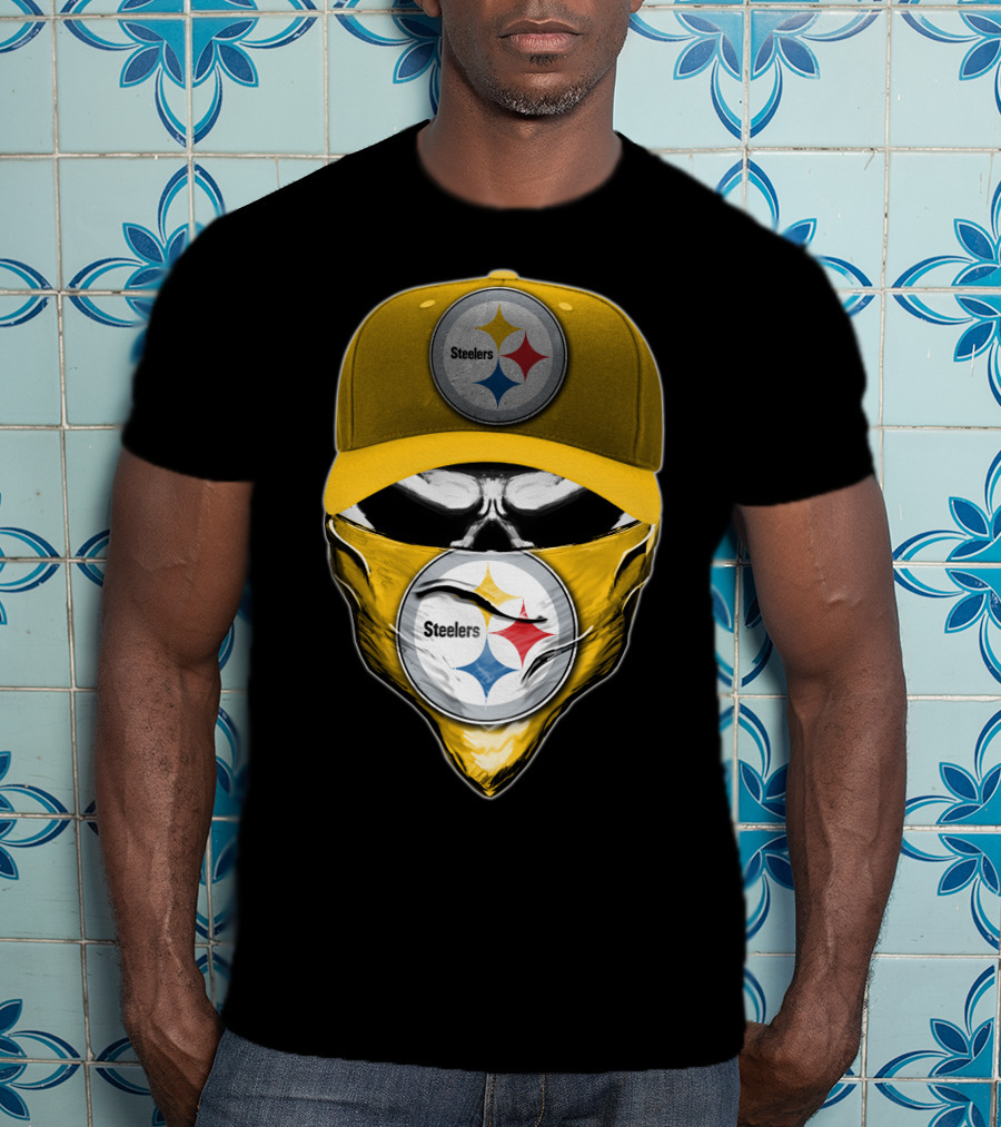 Skull V6 Pittsburgh Steelers Logo With Hat And Bandana T-Shirt