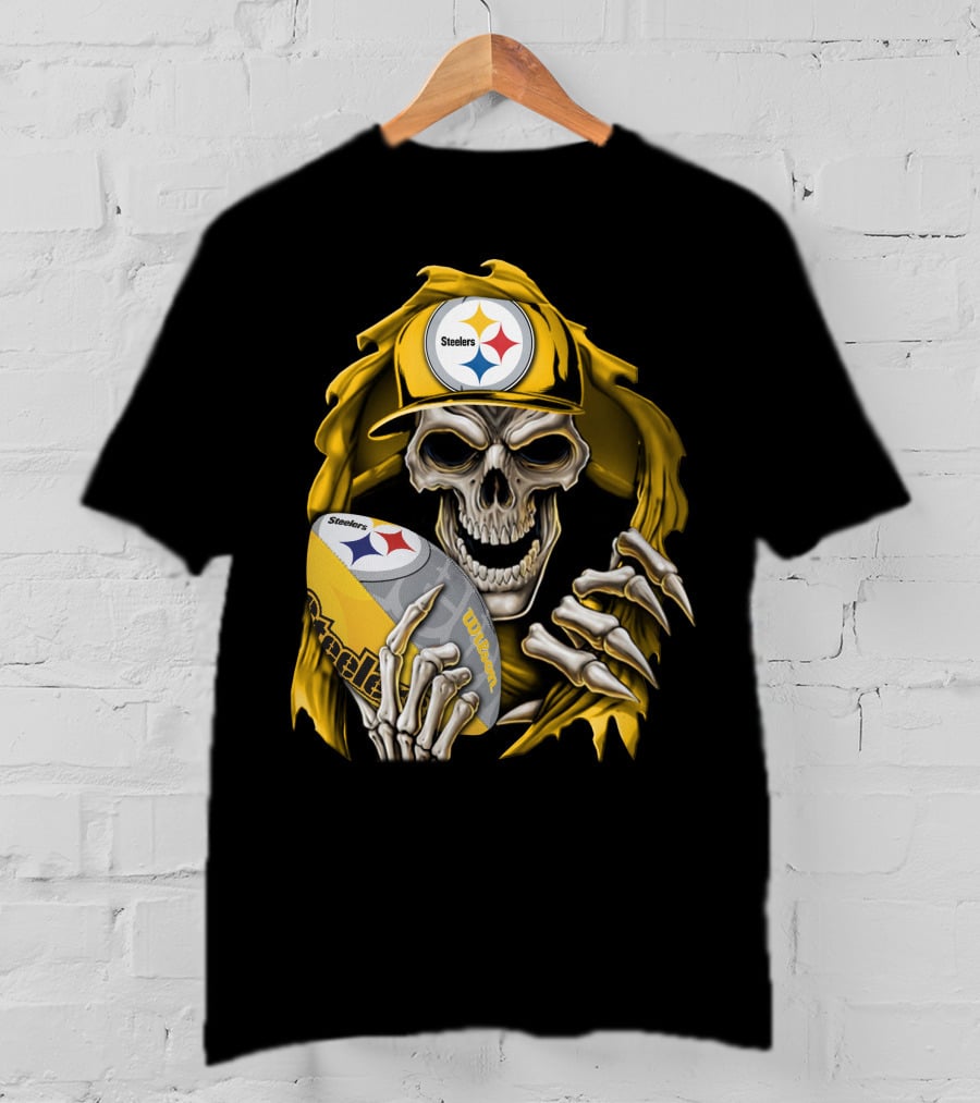 Skullbong Steelers Skeleton With Football And Cap T-Shirt