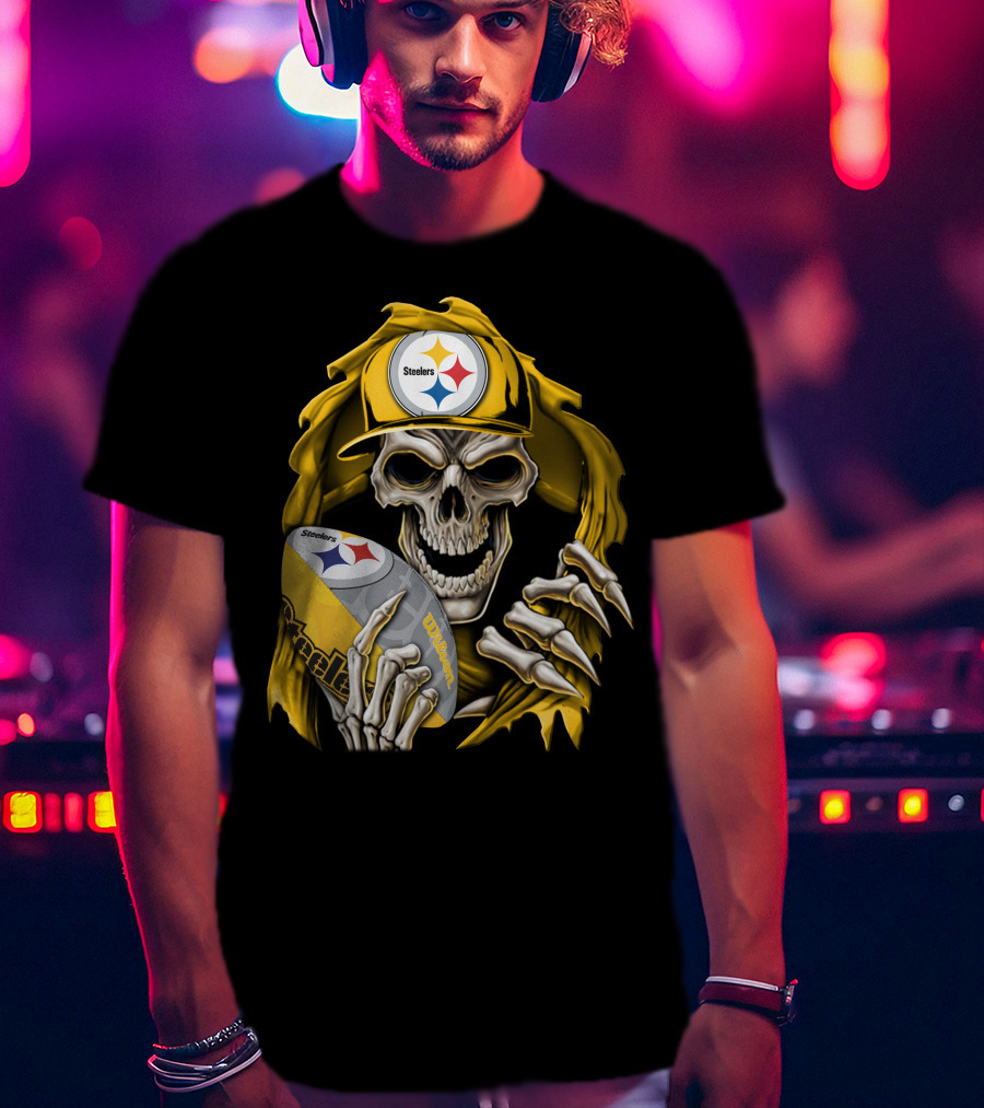 Skullbong Steelers Skeleton With Football And Cap T-Shirt