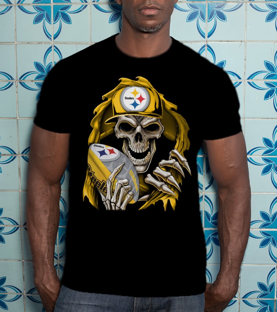 Skullbong Steelers Skeleton With Football And Cap T-Shirt